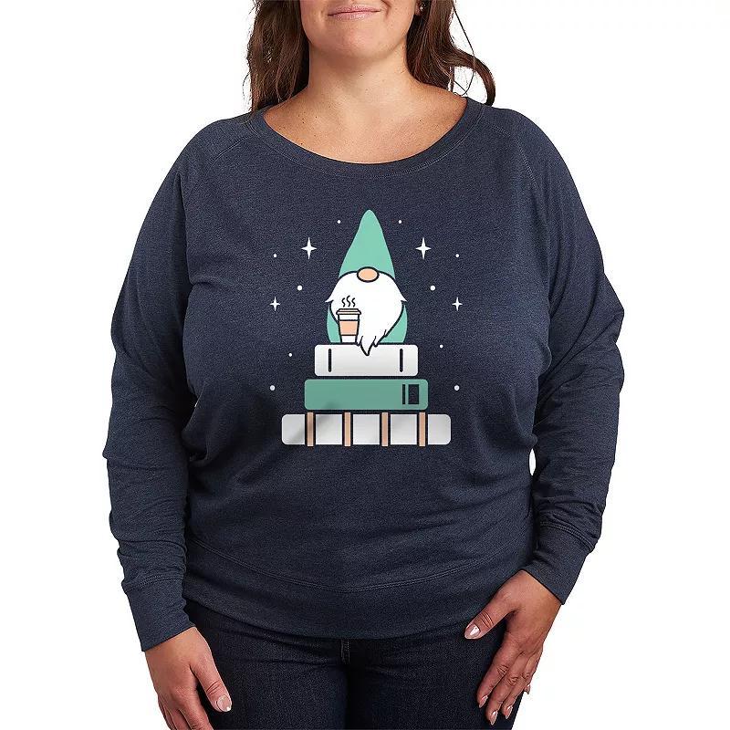 Plus Size Gnome with Coffee and Books Lightweight French Terry Sweatshirt, Womens Grey Indigo Product Image