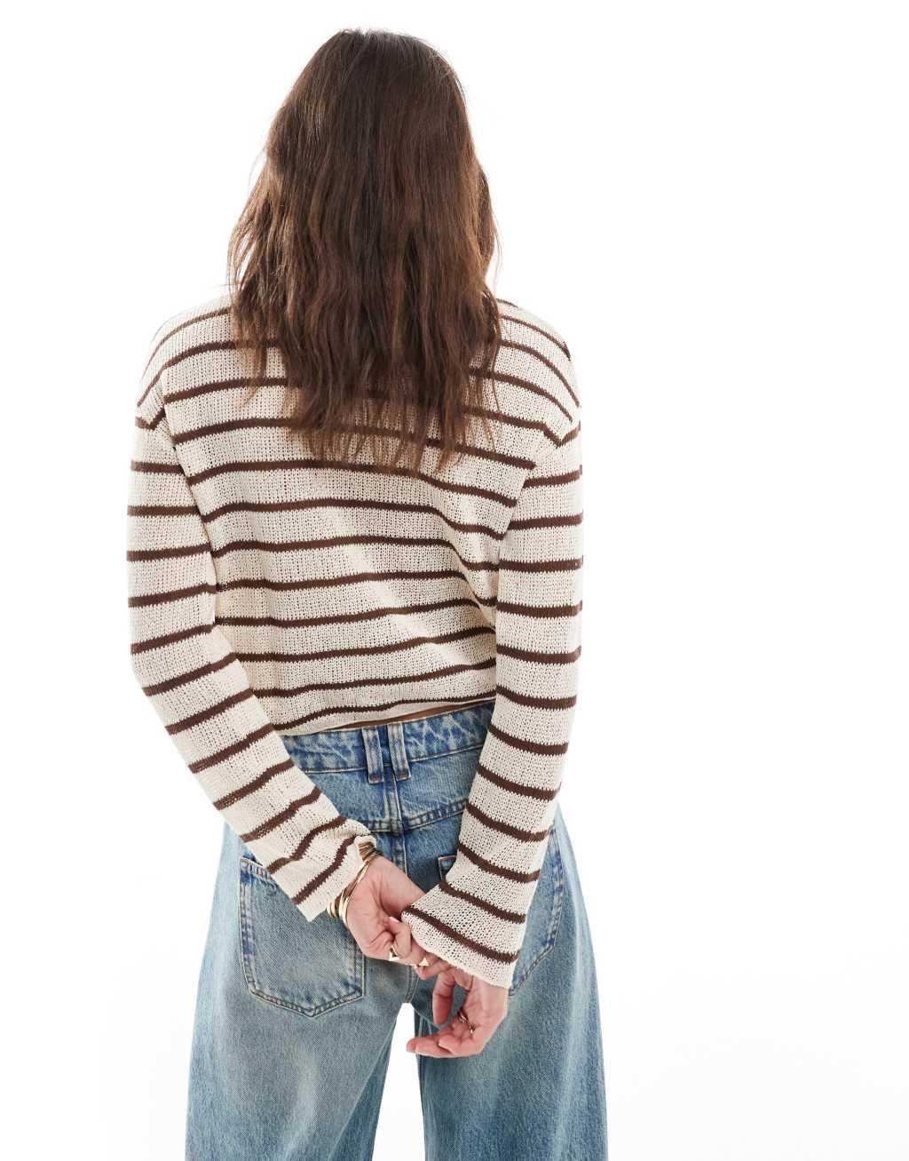 Pull&Bear fine knit sweater in brown stripe Product Image