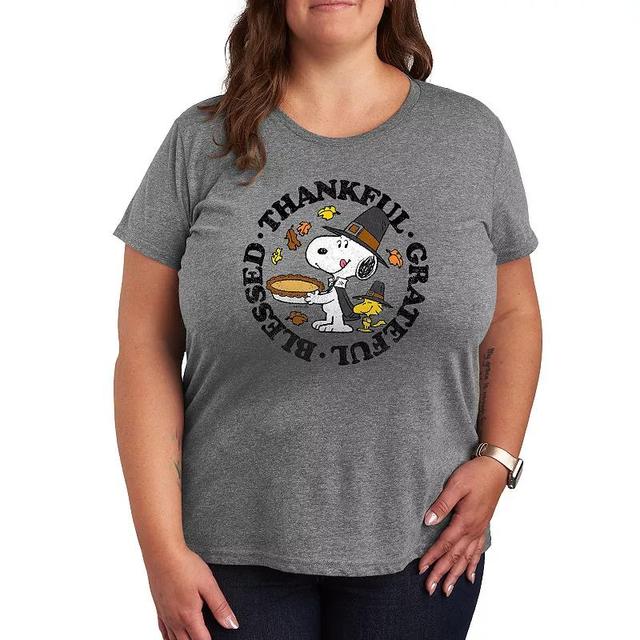 Plus Peanuts Snoopy and Woodstock Thankful Graphic Tee, Womens Grey Gray Product Image