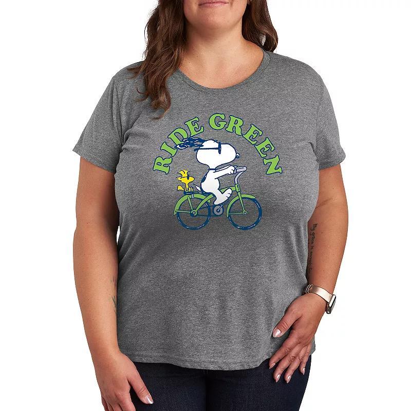 Plus Peanuts Snoopy & Woodstock Ride Green Graphic Tee, Womens Med Grey Product Image