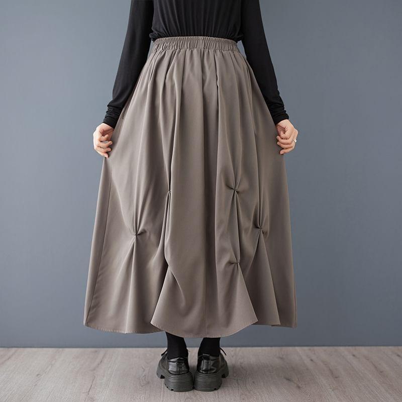 High Rise Plain Ruched Maxi A-Line Skirt Product Image