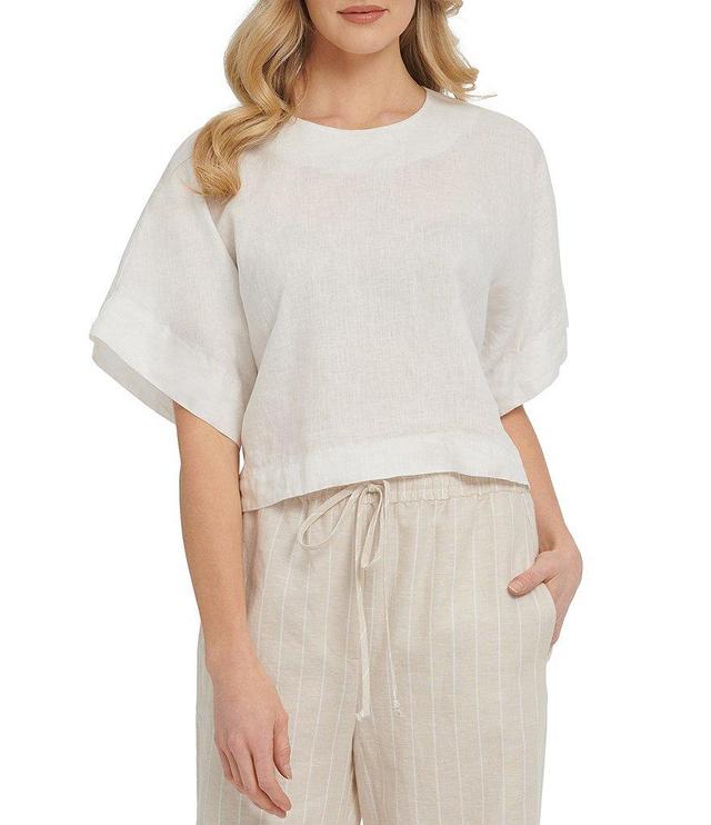 DKNY Linen Round Neck Drop Shoulder Woven Short Sleeve Cropped Shirt Product Image