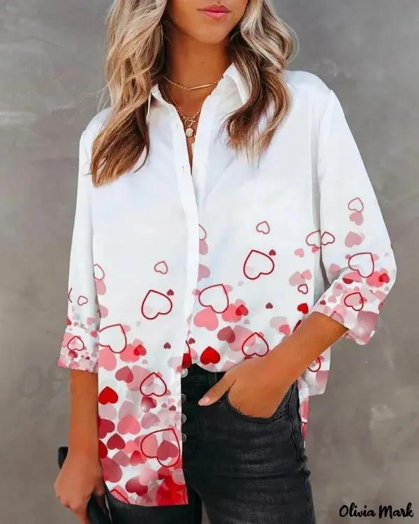 Olivia Mark – Valentine Heart Print Long Sleeve Button Down Shirt Product Image