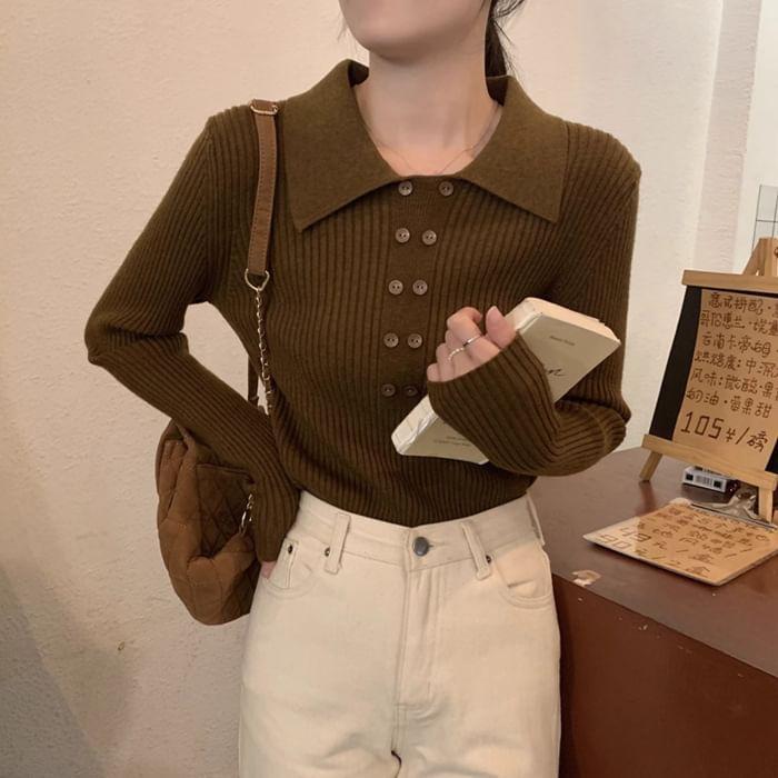 Polo Collar Plain Ribbed Knit Crop Top Product Image