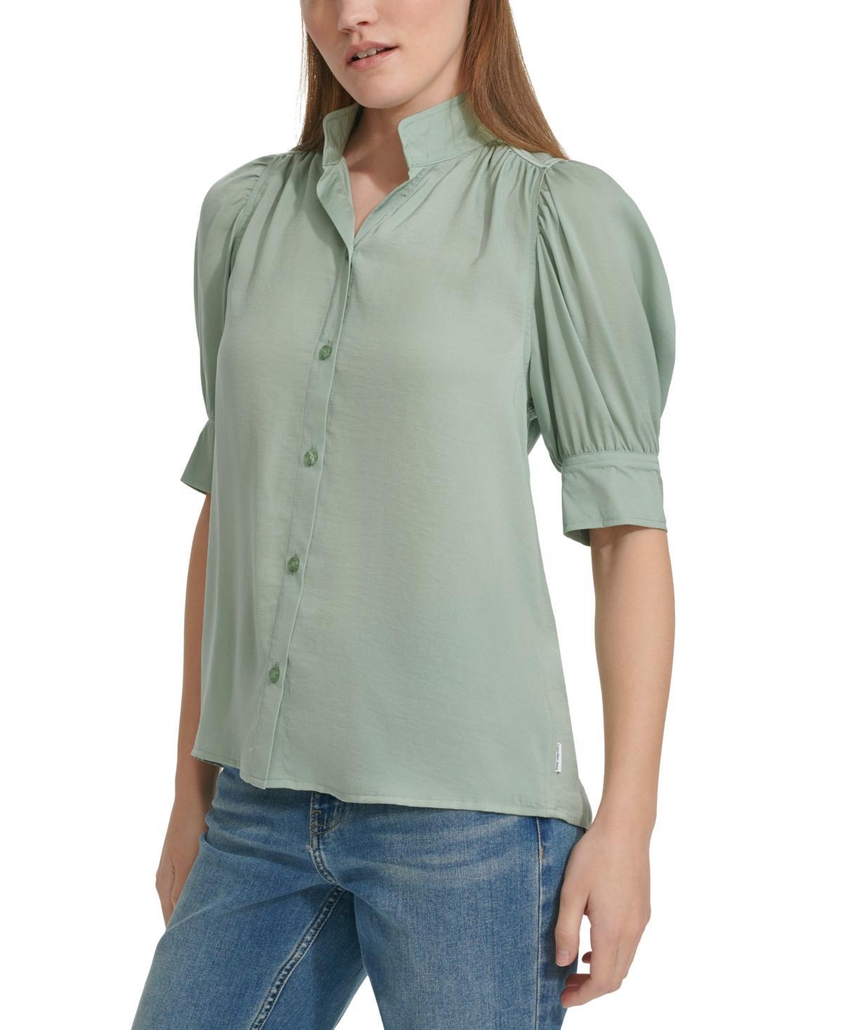 Calvin Klein Jeans Womens Charmeuse Puff-Sleeve Stand-Collar Top Product Image