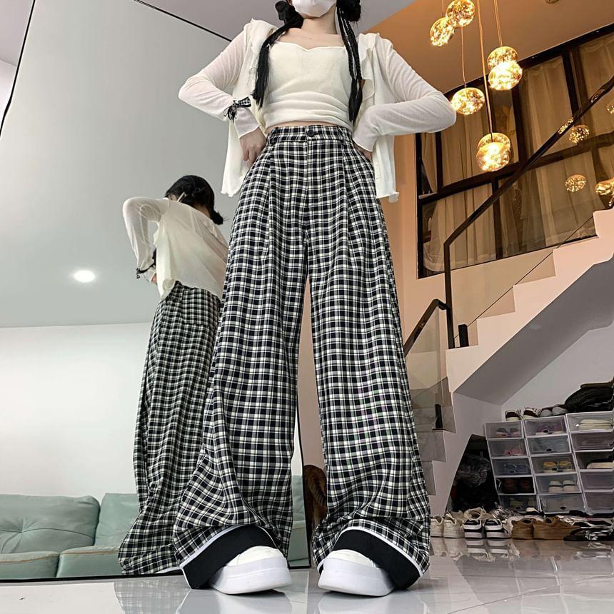 High Rise Plaid Wide Leg Pants Product Image