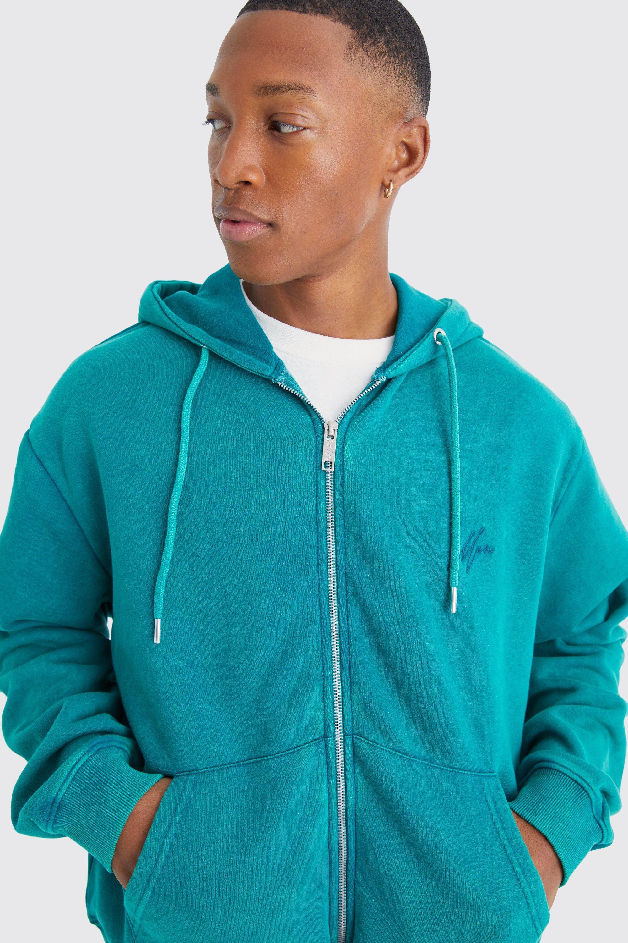 Mens Green Oversized Man Boxy Zip Through Washed Hoodie, Green product image