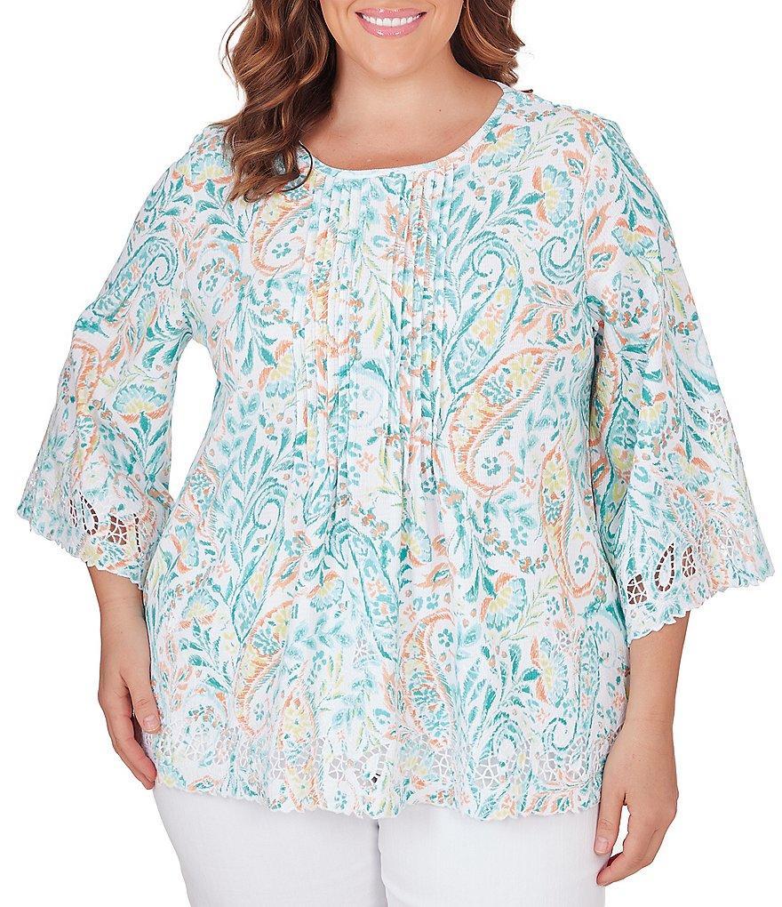 Ruby Rd. Plus Size Knit Ikat Print Crew Neck 3/4 Sleeve Embroidered Top Product Image