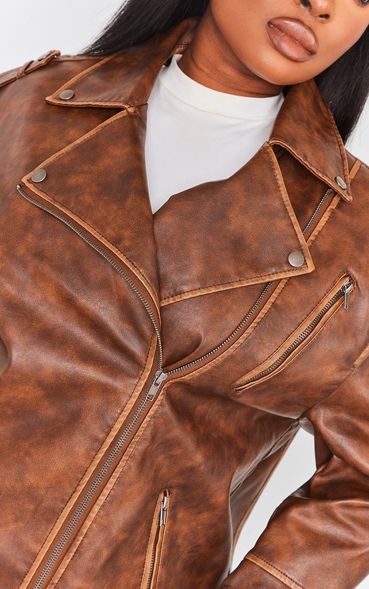 Plus Brown Distressed Faux Leather Biker Jacket Product Image