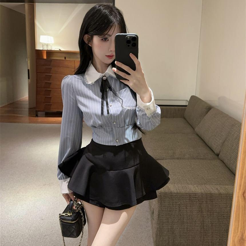 Long-Sleeve Striped Shirt / Ribbon / Mini A-Line Skirt Product Image