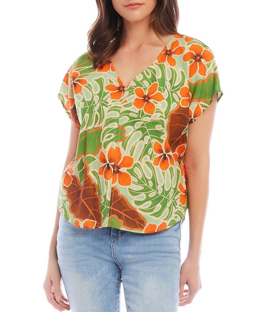 Karen Kane Linen Blend Tropical Floral Print V-Neck Short Sleeve Top Product Image