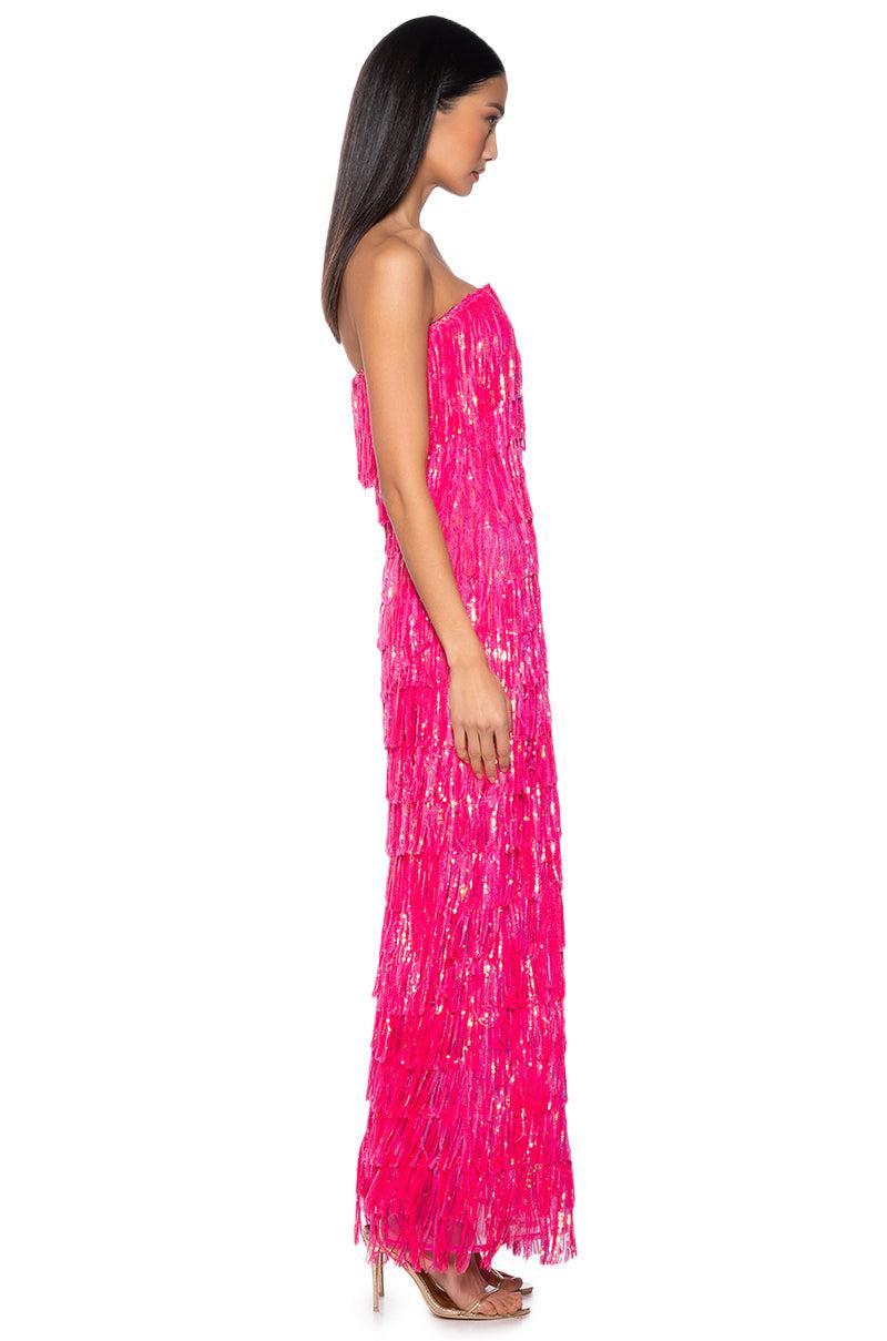 TOP OF THE WORLD STRAPLESS SEQUIN FRINGE MAXI DRESS IN FUCHSIA Product Image