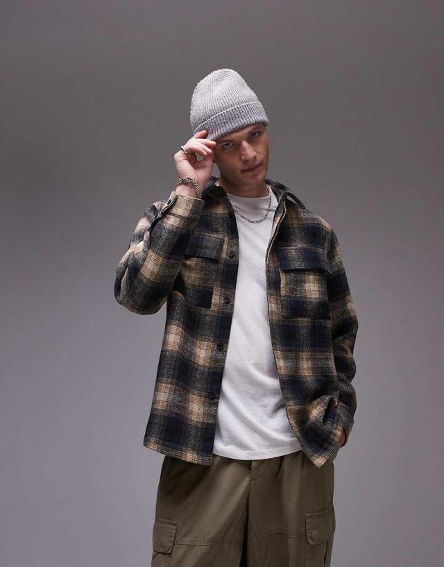 Topman long sleeve brushed plaid overshirt in brown Product Image