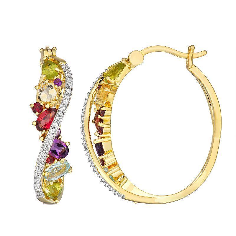 18K Gold over Sterling Silver Gemstone & 1/10 Carat T.W. Diamond Hoop Earrings, Womens, Multicolor Product Image