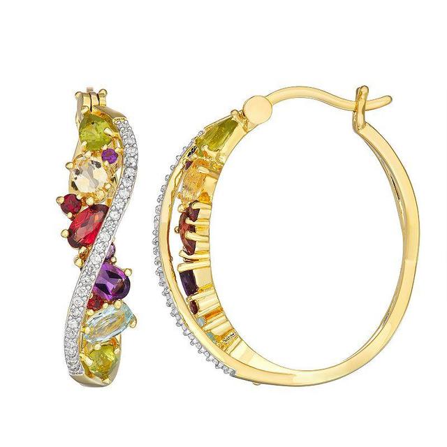 18K Gold over Sterling Silver Gemstone & 1/10 Carat T.W. Diamond Hoop Earrings, Womens, Multicolor Product Image