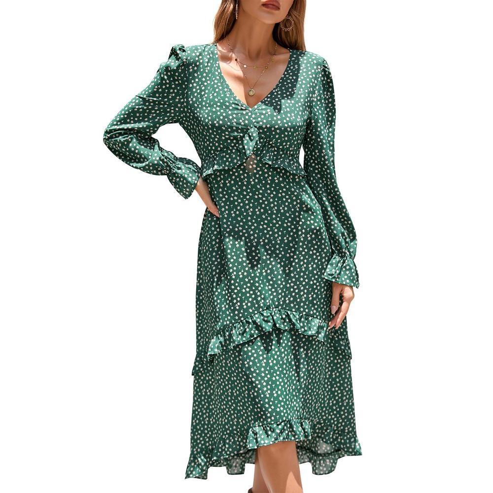 Women's V Neck Long Sleeve Maxi Dress Boho Floarl Print Ruffle Long Dress Green XXL Product Image