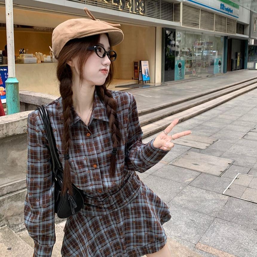 Long-Sleeve Plaid Mini A-Line Shirt Dress product image