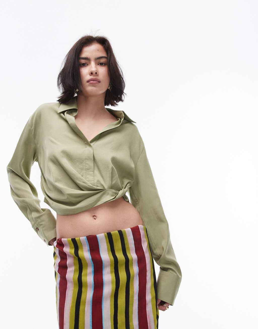 Topshop drape side top in khaki Product Image