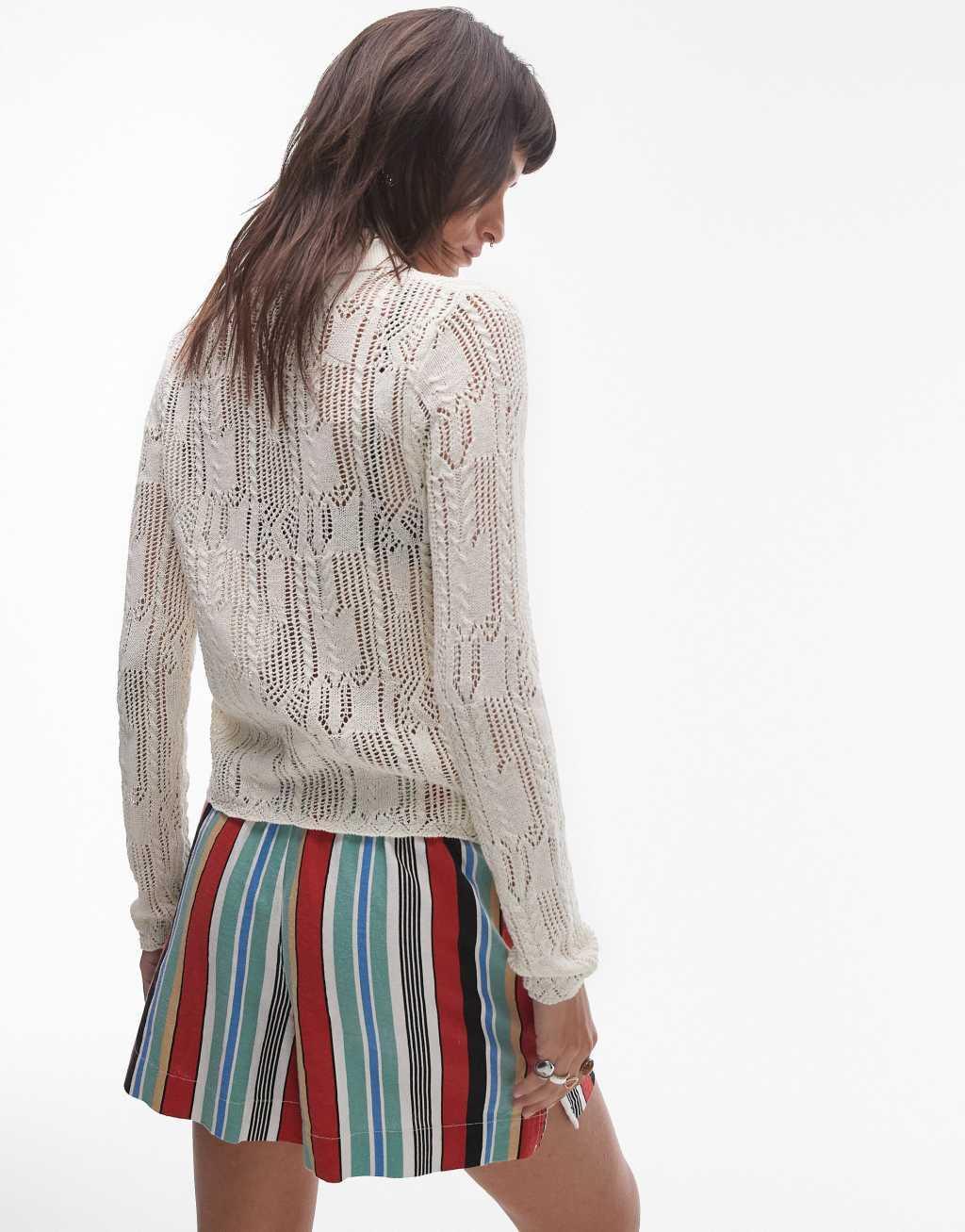 Topshop knitted long sleeve stitchy pattern shirt in cream Product Image