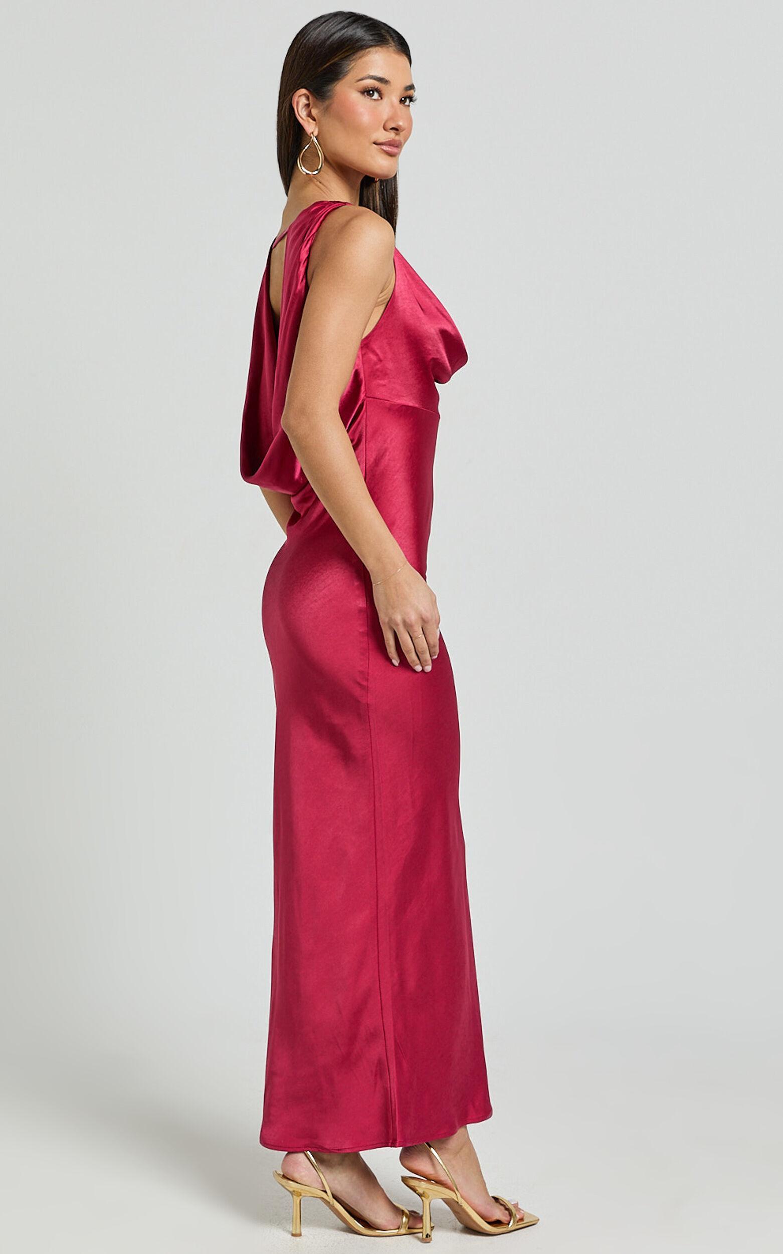 Geri Midi Dress - Cowl Neck Low Back Satin Dress in Berry Product Image