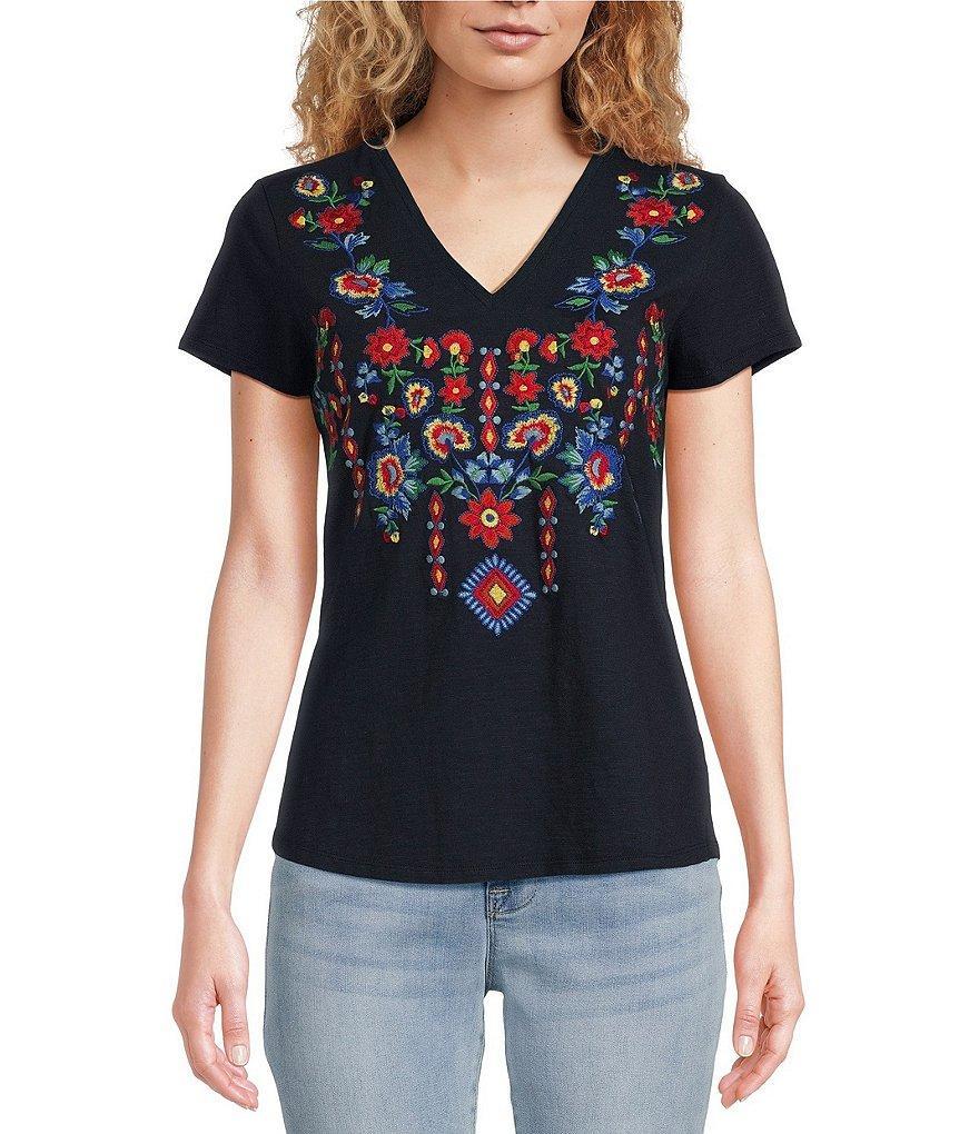 Reba V-Neck Floral Embroidered Short Sleeve Knit Top Product Image