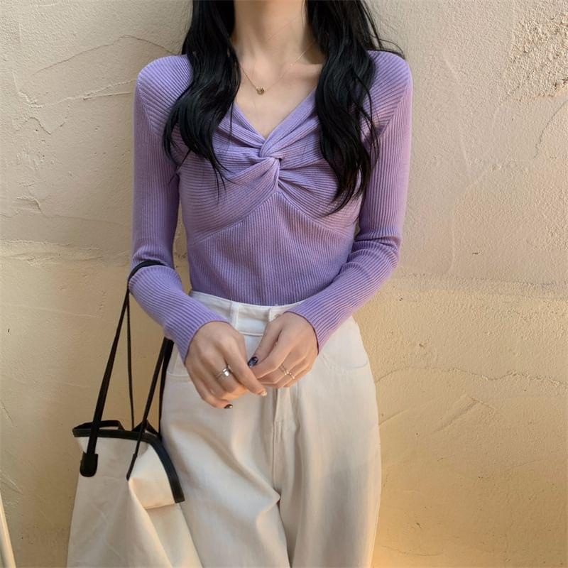 V-Neck Plain Knot Ribbed Sweater Product Image