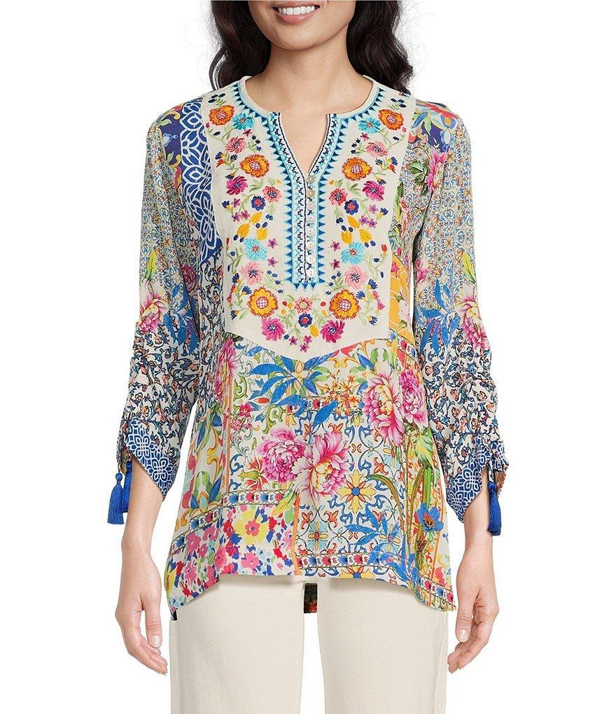 John Mark Embroidered Floral Print Split V-Neck 3/4 Cinched Tie Sleeve Woven Tunic product image