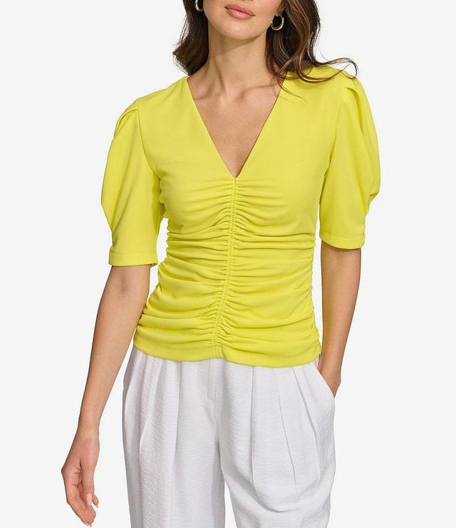 DKNY by Donna Karan Short Puff Sleeve V-Neck Ruched Top Product Image