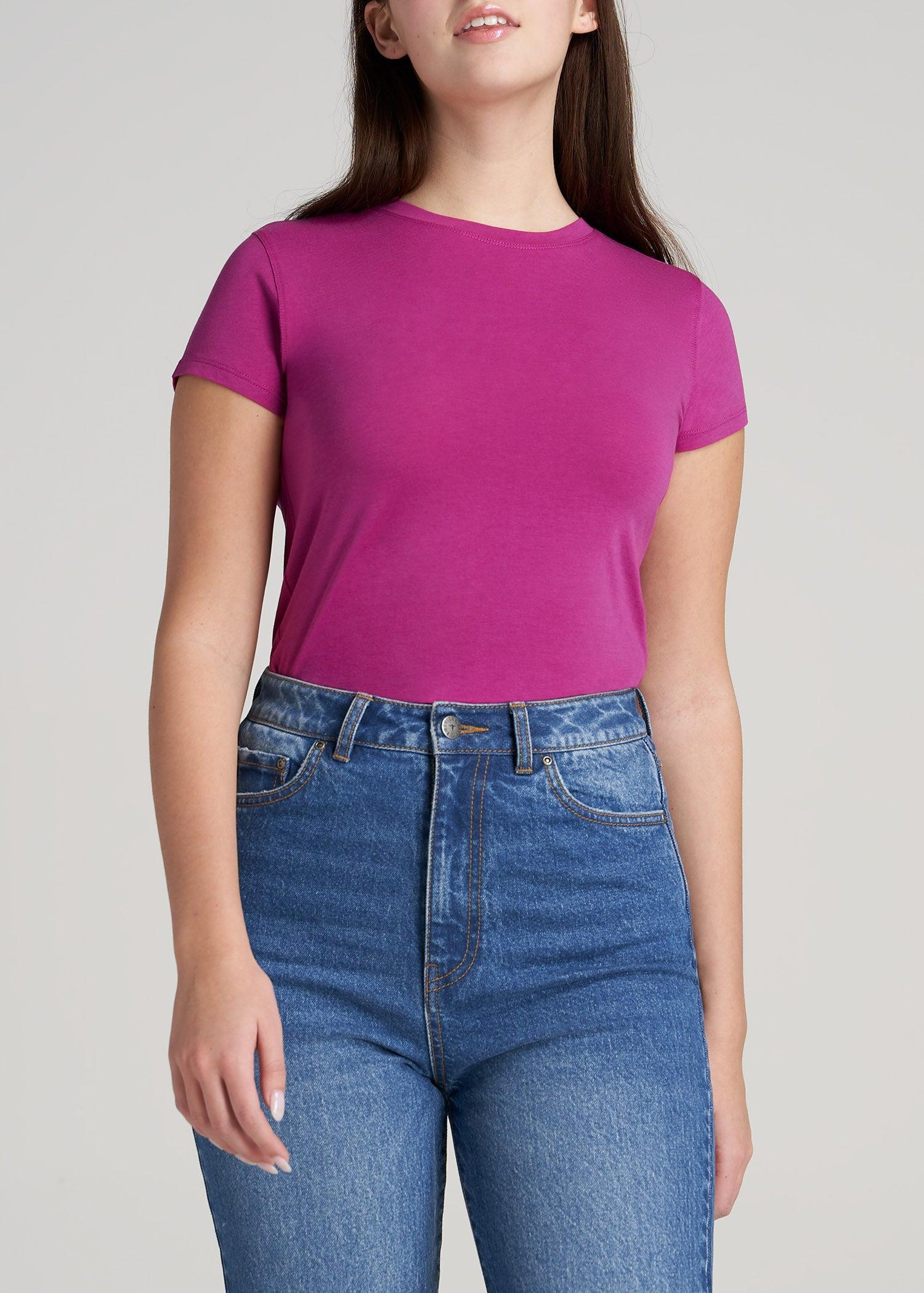 Women's SLIM-FIT Crewneck Cap Sleeve Tall Tee in Pink Orchid Product Image