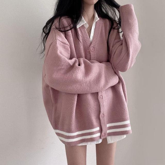 Drop-Shoulder Striped Oversized Cardigan Product Image