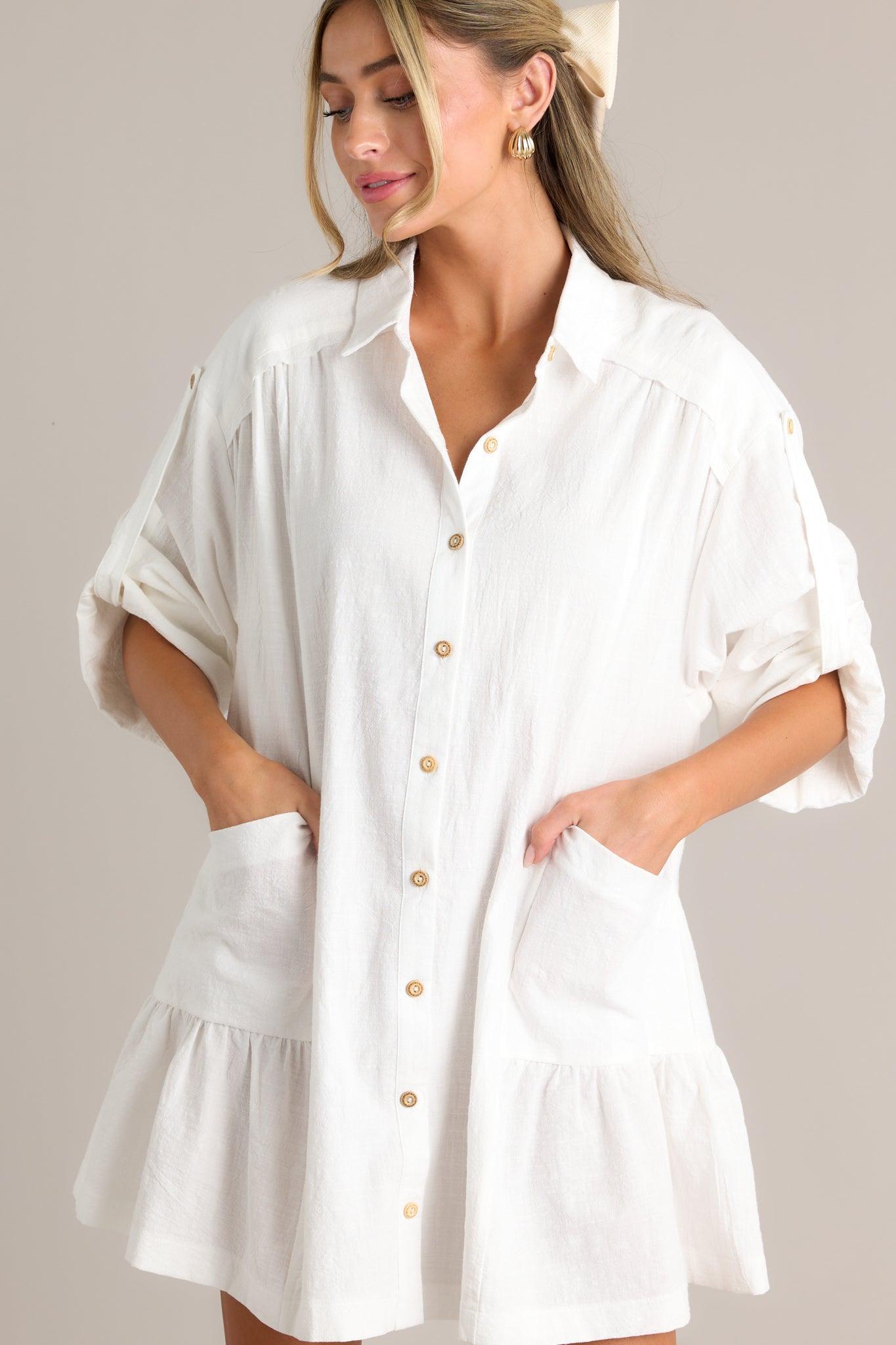 Posh Vision 100% Cotton Ivory Button Front Mini Dress Product Image