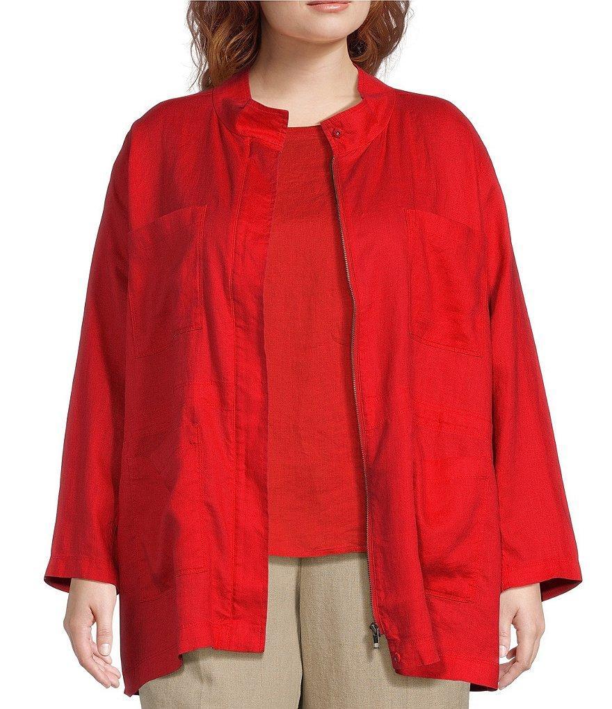 Eileen Fisher Plus Size Organic Linen Stand Collar Long Sleeve Zip Front Jacket Product Image