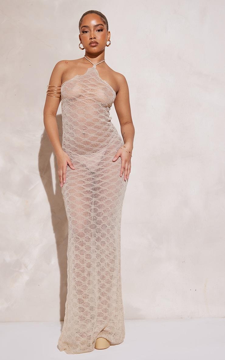 Petite Oatmeal Sheer Knitted Maxi Dress Product Image