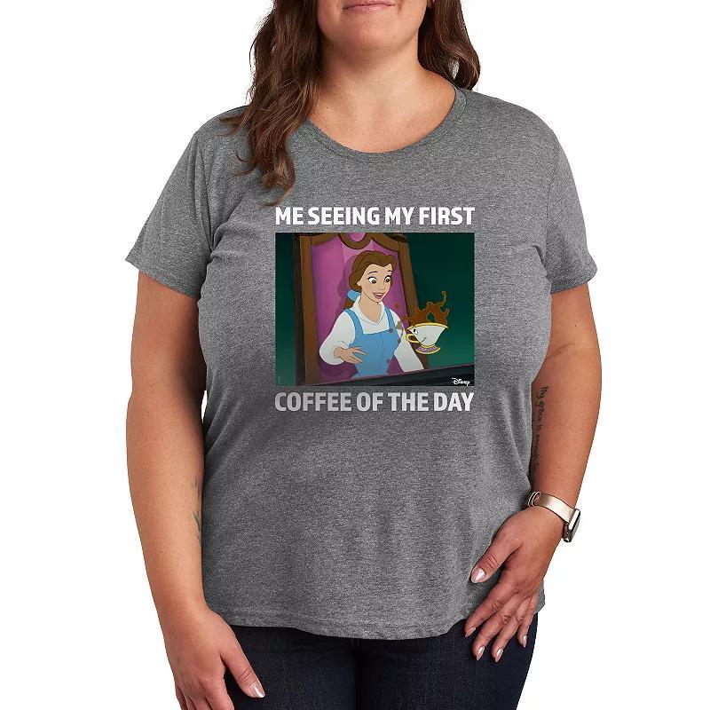 Disney Princess Belle Plus First Coffee Of The Day Meme Graphic Tee, Womens Product Image