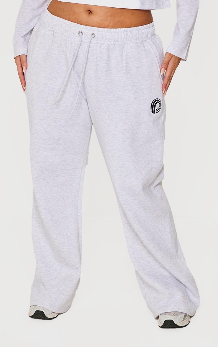 PRETTYLITTLETHING Plus Ash Grey Printed Wide Leg Sweatpants Product Image