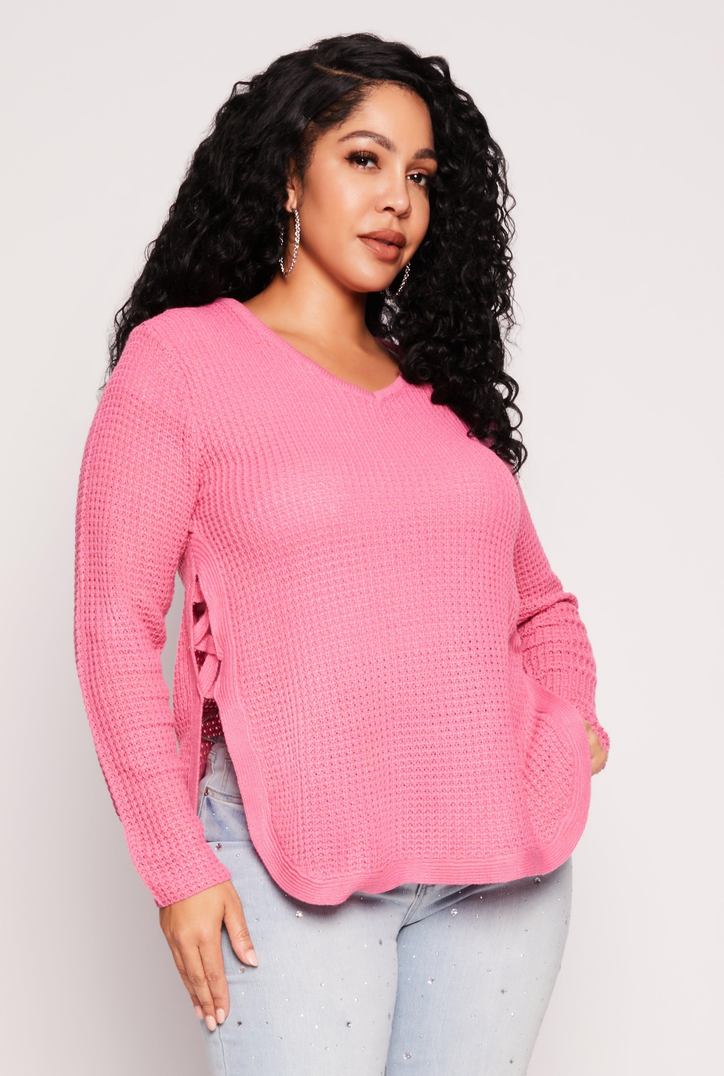 Womens Plus Size Waffle Knit Caged Side Sweater Product Image