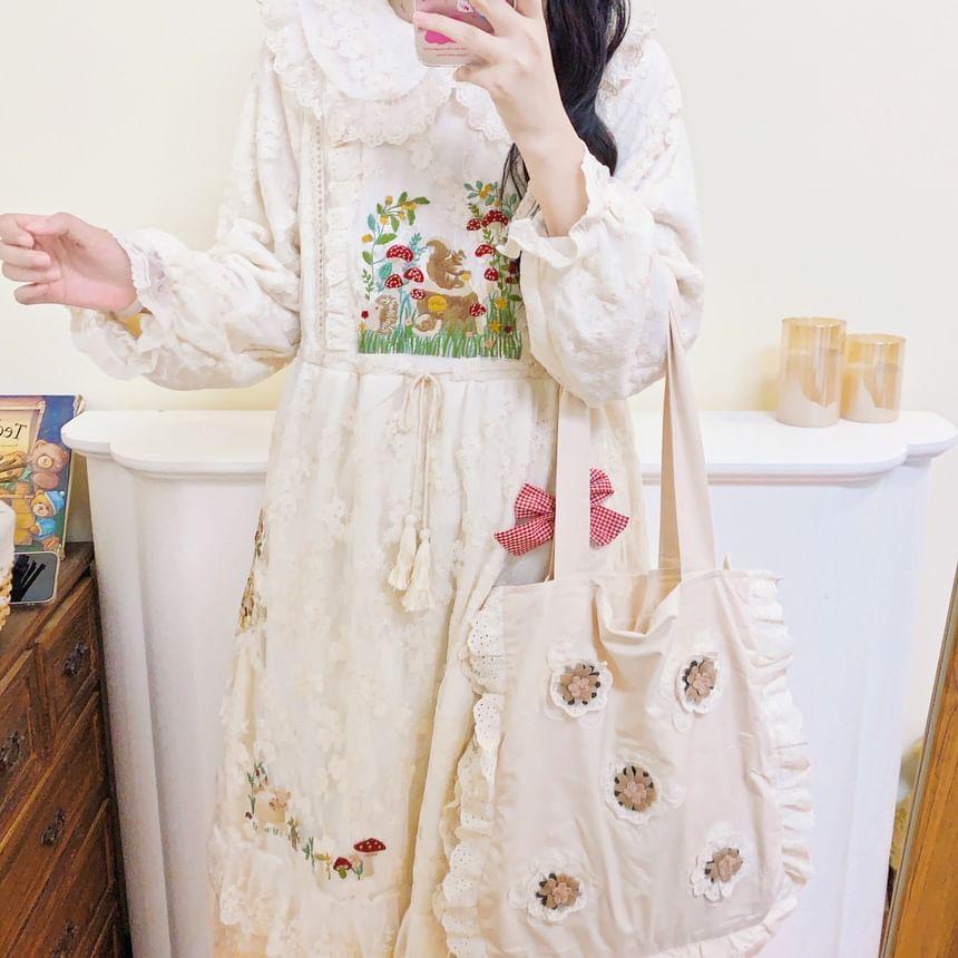 Long-Sleeve Collar Embroidered Lace Midi A-Line Dress Product Image