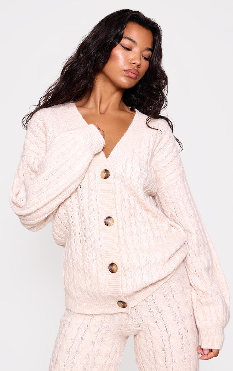 Oatmeal Soft Cable Knit Button Up Oversized Cardigan Product Image