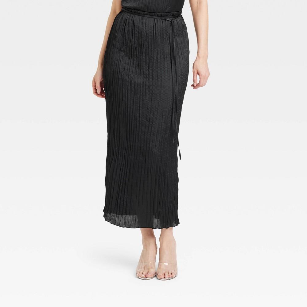 Womens Textured Crinkle Satin Midi Skirt - A New Day Black M Product Image