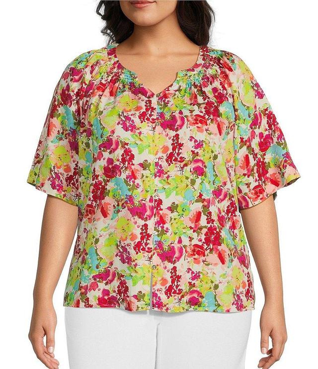 Westbound Plus Size Woven Floral Short Sleeve Y-Neck Button Front Top Product Image