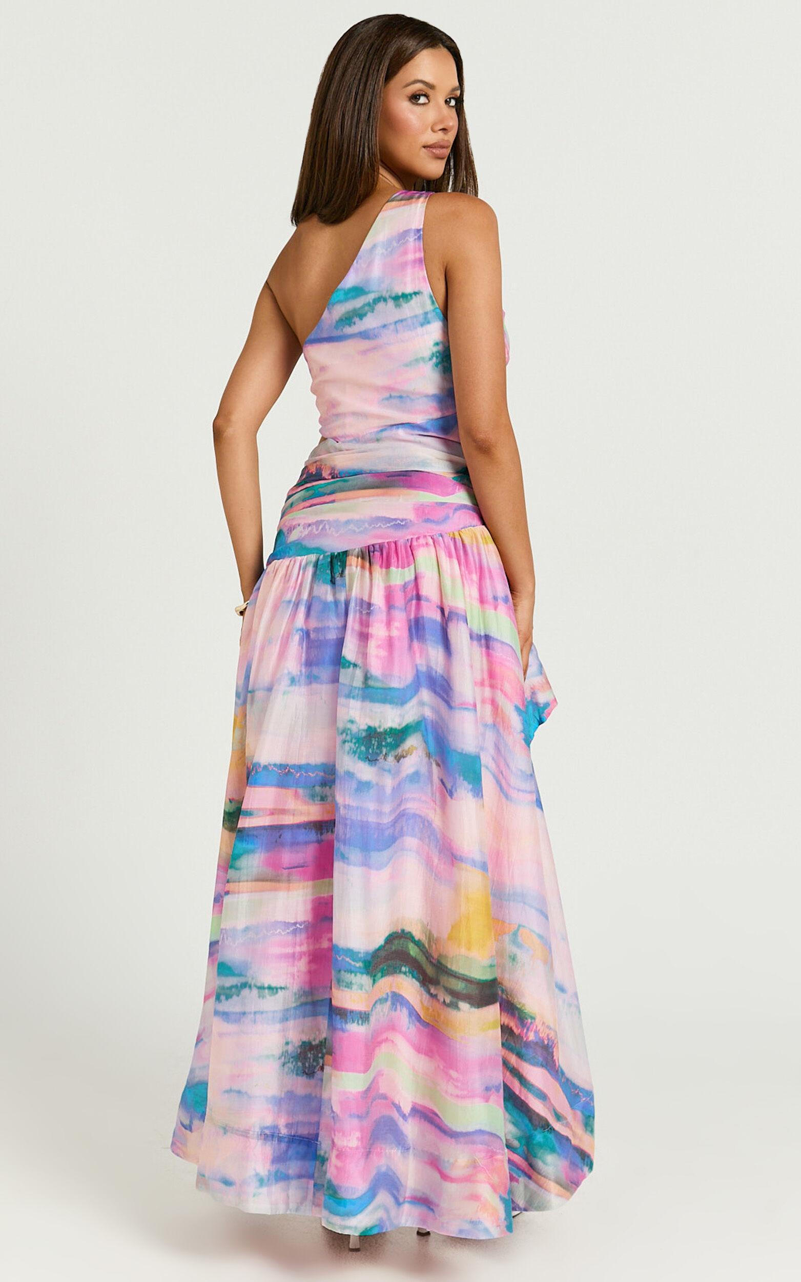 Amalie The Label - Keziah One Shoulder Asymmetric Midi Dress in Abstract Sunset Print Product Image