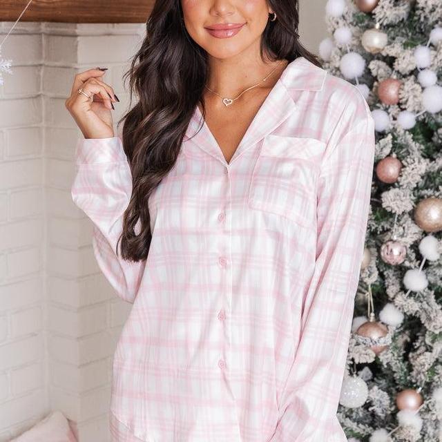 Best Wishes Pink Plaid Satin Pajama Top FINAL SALE Product Image