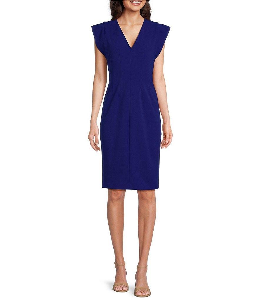 Calvin Klein Scuba Crepe Cap Sleeve V-Neck Knee Length Sheath Dress Product Image