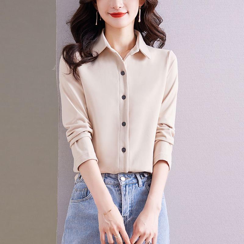 Long-Sleeve Velvet Plain Shirt Product Image