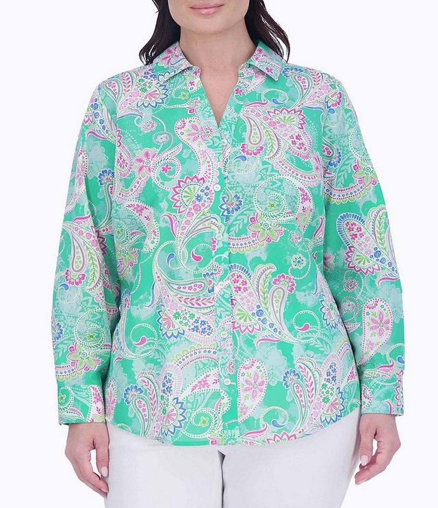 Foxcroft Plus Size Y-Neck Point Collar Long Sleeve Button Front Shirt Product Image