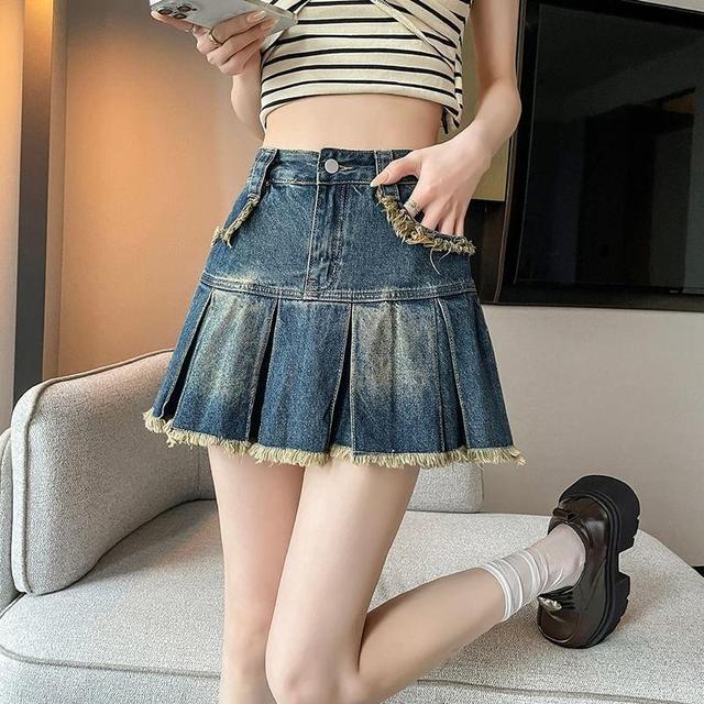 High Waist Washed Frayed Pleated Mini A-Line Denim Skirt Product Image