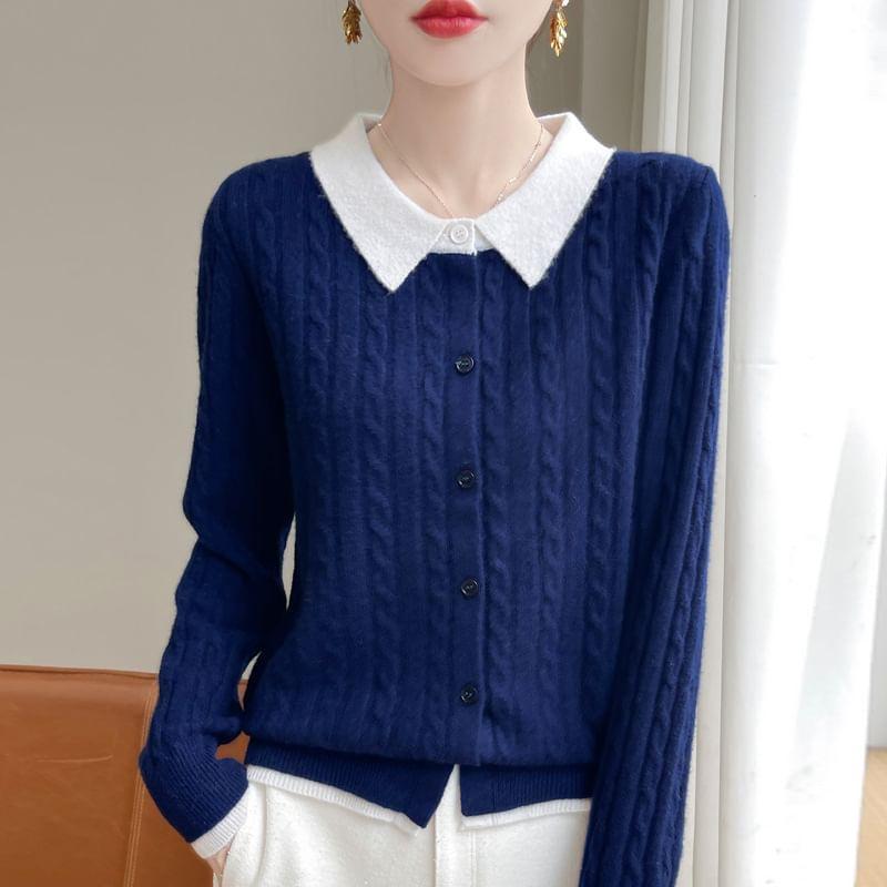 Mock Two-Piece Collared Cable Knit Cardigan Product Image