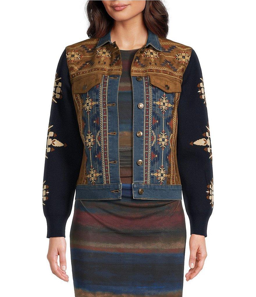 Reba Faux Suede Chest Embroidered Knit Long Sleeve Denim Statement Jacket Product Image