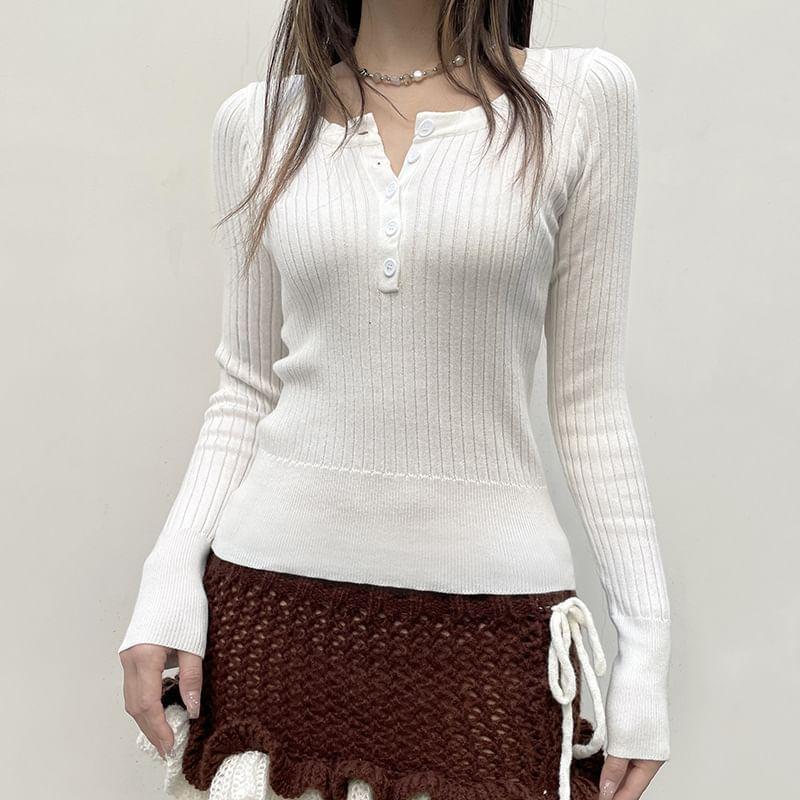 Long Sleeve Henley Neck Plain Ribbed Knit Crop Top Product Image