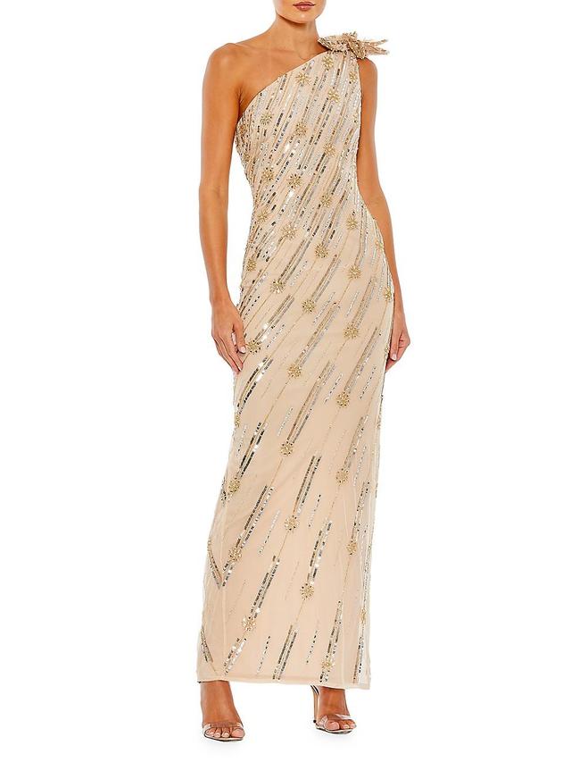 Womens Embellished One-Shoulder Column Gown Product Image